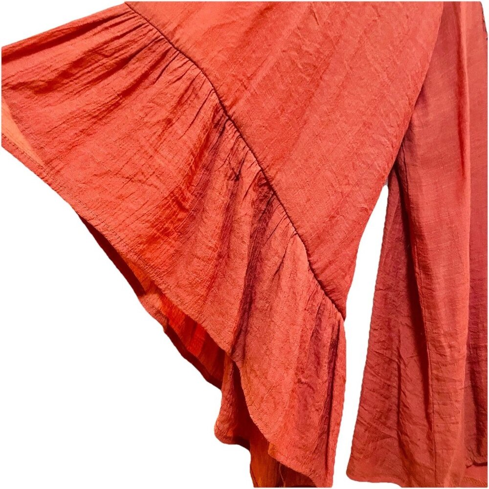 ENTRO Rust-Colored Embroidered Tie-Front Bell Sleeve Boho Shirt Sz L - Picture 5 of 10